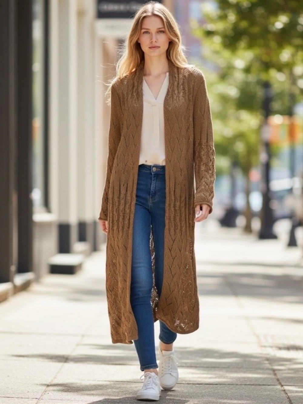 Garnet Hill Long Open-Front Wool Alpaca Cable Knit Cardigan Sweater Camel Brown